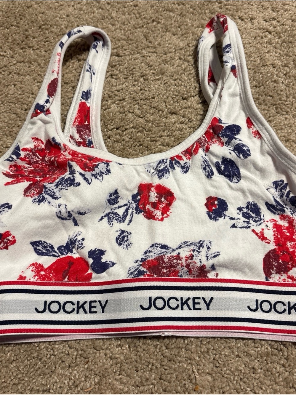 Jockey White Floral Sports Bralette with Red & Navy Accents